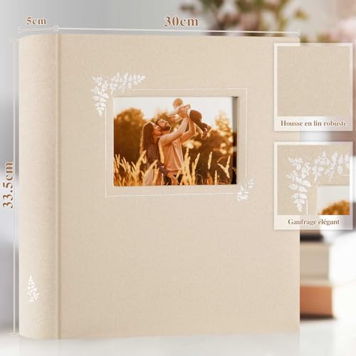 Lanpn Album Photo Scrapbooking, Grand Lin conception de fenêtre DIY Album 100 Pages Blanches Avec Séparateurs de Cellophane Pour 9x13cm 10x15cm 13x18cm Photos (30x33,5cm, Beige) – vue 2
