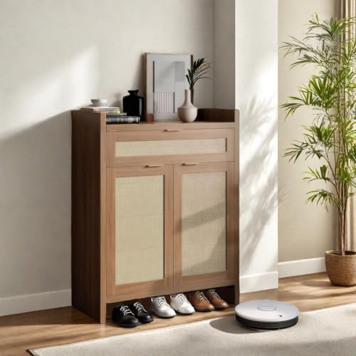 Garvee Boho Shoe Cabinet, 32 in Rattan Shoe Organizer with Doors and Drawer, Coffee Bar Cabinet with Adjustable Shelf, Wooden Accent Console Table for
