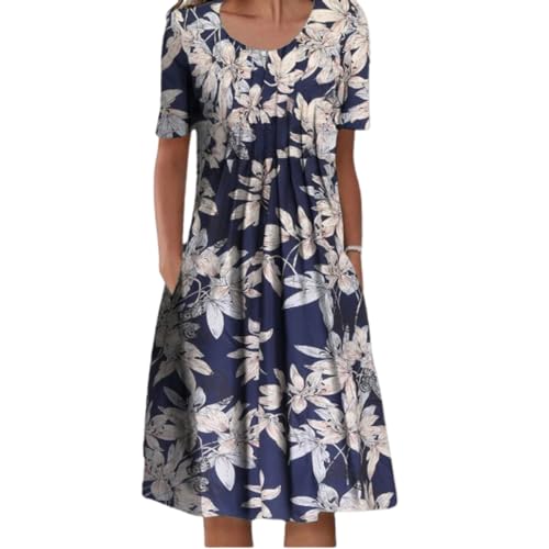 BFDSGWQ Lsoru Dresses for Women, Women's Summer Crewneck Short Sleeve Midi Dress, Lsoru Floral Printed Casual Dress (D,2XL)