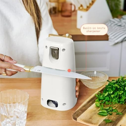Electric Can Opener White Icing - 70W Stainless Steel Blade, Magnetic Lid Holder | One-Touch Auto-Turn, No-Tilt Steady | 3-in-1 Knife Sharpener Bottle Opener | Auto-Stop, Cord Storage | Kitchen Prep
