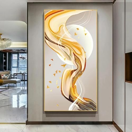 Tableau moderne : décoration murale ruban abstrait doré 80x160 cm chic pour votre salon