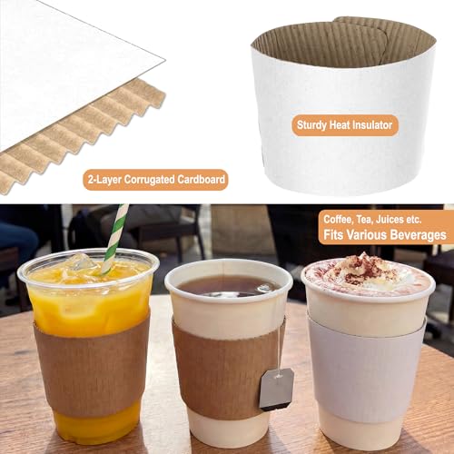 White Coffee Sleeves For 10 to 20 oz. Cups (100 Pack), Disposable Corrugated Cardboard Paper Jacket For Better Grip, Hot Cold Drinks Holder, Chocolate Milk Tea Beverage Insulator, Hand Protection