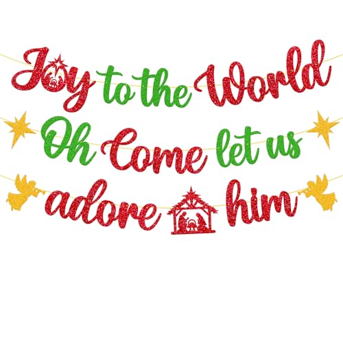 Merry Christmas Decoration Joy to the World Oh Come Let Us Adore Him Sign Banner Felize Navidad Garland Let Jesus Light Your Way Backdrop Nativity God Bless Bible Santa Snow New Year theme Party Event