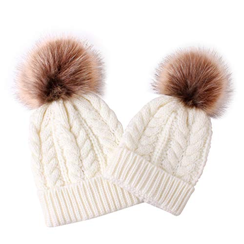 Petyoung Gorro de punto para padres e hijos, paquete de 2, gorro a juego para la familia del bebé y la madre, gorro de crochet cálido de invierno con pompones Cover