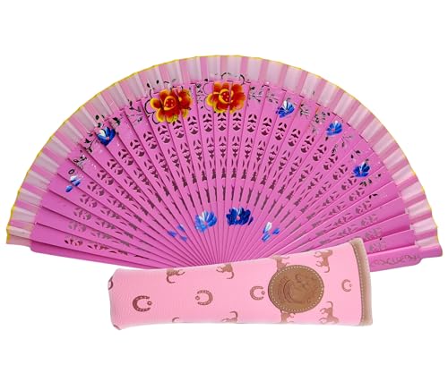 Planta Color Abanico de Madera con Flores Pintadas a Mano por las Dos Caras. Incluye una Funda para Proteger el Abanico. Imán de Regalo con Dibujo de Costumbres Españolas (Rosa)