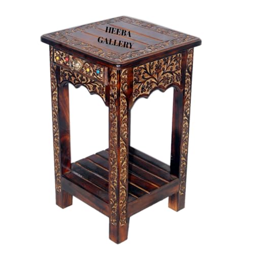 Image of Wooden Stool-Natural Wood Antique Look Side Table with Two Drawer for Living Room (Brown, 14 x 14 x 21 inch) || AS(2D) (Square Stool)