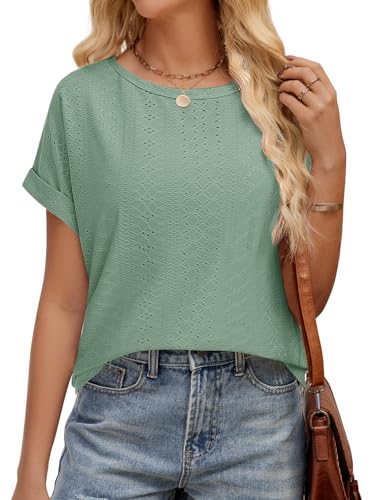 PASUDA Camisetas Manga Corta Mujer Blusas Elegante Verano Casual Tops Cuello Redondo Sólido Basica Camisas Ropa Mujer Suelto Ligera Patrón de Moda (Verde, M)