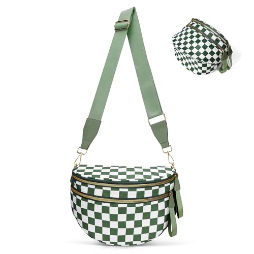 MOETYANG Checkered Crossbody Bum Bags for Women, Spacious Nylon Sling Bag Fanny Pack witn Adjustable Shoulder Strap Belt Bag (Green-Checkered)