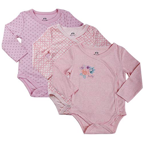Asher and Olivia Baby Girl's 3-Pack Long-Sleeve Kimono Bodysuit Set -Side Snap Onesie Infant Bundle Pink Geo Flowers, Newborn, NB