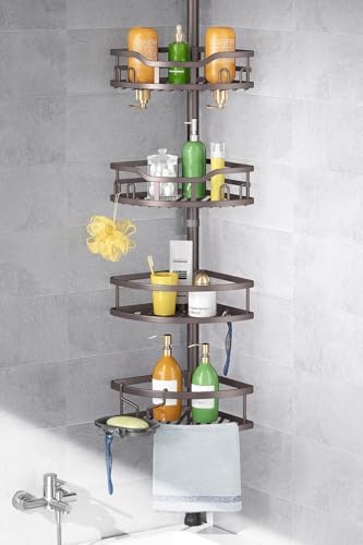 HAMITOR Corner Shower Caddy Tension Pole: Rustproof Stable 4-Tier...