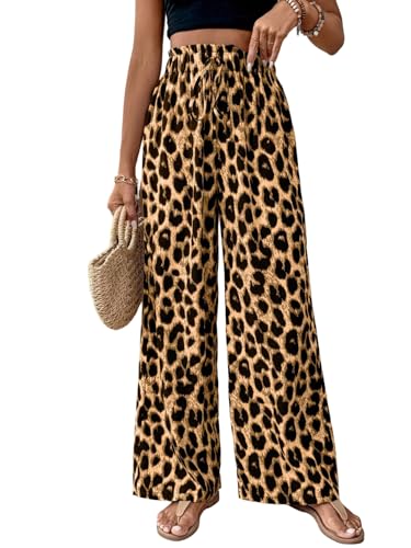 SweatyRocks Loose Trousers Women's Elegant Wide Trousers Leo Trousers Wide Leg Women's Trousers with Elasticated Pleated Trousers Long Beach Trousers, Dark khaki, XL