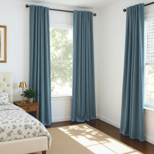 Image of INOVADAY 100% Blackout Curtains for Bedroom, Stone Blue Black Out Curtains 90 Inch Long, Clip Rings Linen Blackout Drapes, Thermal Insulated Room Darkening for Living Room, 2 Panels - W50xL90