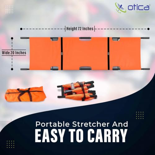 Image of OTICA Foldable Stretcher for Patient Shifting, Portable Stretcher for Emergency Hospital Use, Stretcher for Patient with Safety Belt, Stretcher for Ambulance (Mild Steel, Four Fold, Orange)