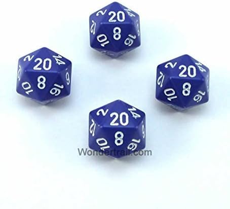 Wondertrail WCXPQ2007E4 Purple Opaque Dice with White Numbers D20 Aprox 16mm (5/8in) Pack of 4 Dice Chessex