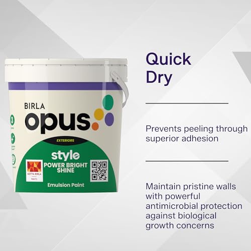 Image of Birla Opus Style Power Bright Shine Exterior Emulsion Paint (4L, White Colour, Sheen Finish)-Superior Peel Resistance, Superior Algal Protection, Low VOC-For Exterior Walls, Home, Office
