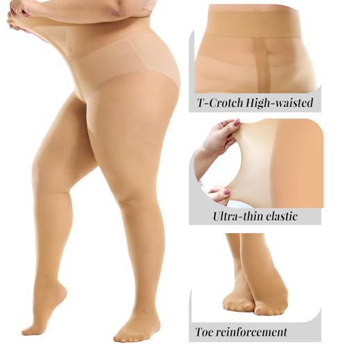 2 Pairs Plus Size Tights for Women,Semi-Sheer T-Crotch Rip Resistant High Waist Pantyhose with Reinforced Toes4