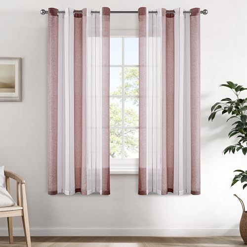 EMEMA Tende a righe trasparenti con occhielli Tende in voile Soggiorno moderno Set di 2 tende Camera da letto Trasparente con motivo Tenda a righe semitrasparente 140 x 160cm Bianche e Rosa Antico