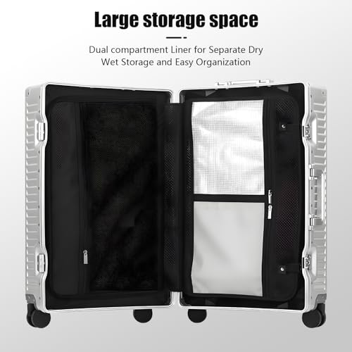 YYW All Aluminium Luggage With Spinner Wheels Lightweight PC hardside Rolling Suitcase, Built-In TSA lock Carry on Suitcase, with Cup Holder, USB Port, Phone Holder (Silver,24inch/39x25x65cm) by YYW - Image 6