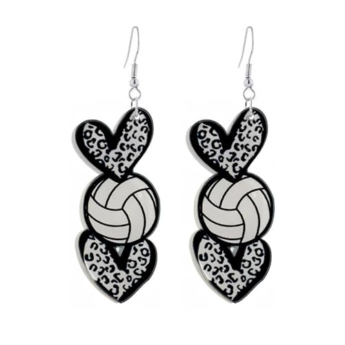 Acrylic Sports Ball Heart Shaped Dangle Drop Earrings for Women Cute Football Basketball Volleyball Baseball Softball Leopard Print Love Shape Earrings Sport Game Day Jewelry Gift