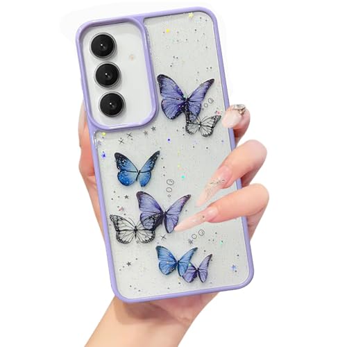 Image of VONZEE for Samsung Galaxy S24 FE Clear Glitter Butterfly Case, Cute Bling Sparkle Shiny Soft Silicone TPU Bumper Shockproof Women Girls Slim Protective Phone Cover for Galaxy S24 FE, Purple