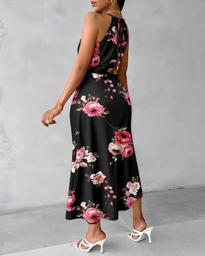 Image of CHICME Womens Halter Floral Print Bodycon Midi Dress