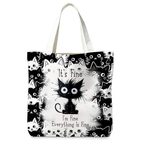 Aurelx Black Cat Tote Bag, Large Capacity Canvas Tote Bag, Cute Reusable Shopping Bags, Personalised Black Cat Gifts for Women Girls Animal Lovers