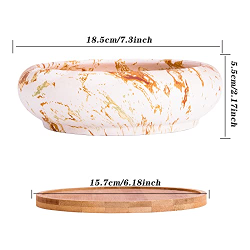 Artketty Succulent Pots - Large Marble Succulent Planters Pots With Drainage, 6.1 Inch Ceramic Bonsai Pots With Bamboo Tray Pack Of 2, Shallow Cactus Flower Planter Bowl Perfect For Indoor Outdoor #TOP2