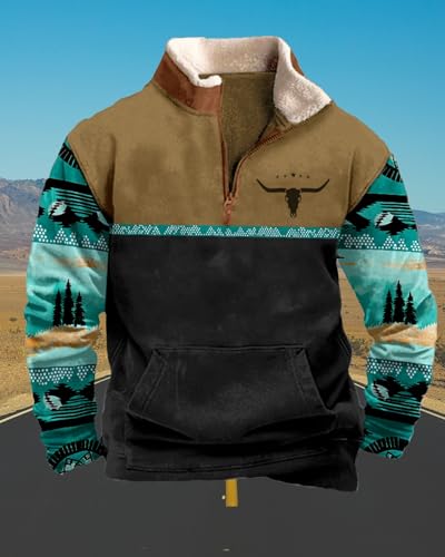 Western Aztec Sweatshirts for Men Country Fleece Jacket 1/4 Zip Long Sleeve Vintage Cowboy Hoodie Pullover with Pocket4