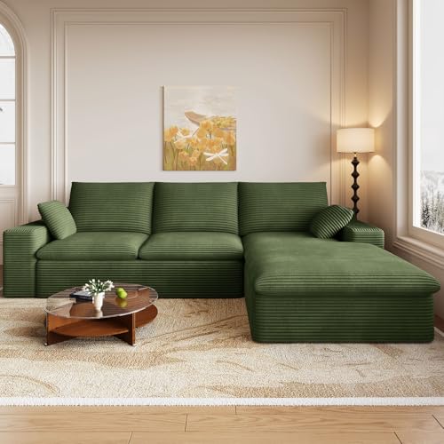 Image of 107 inch Cloud Couch Modular Sectional Sofa for Living Room, L-Shape Boneless Couch with Deep Seat, Modern Corduroy 3-Seater, No Assembly Required (Green,Right-Facing Chaise)