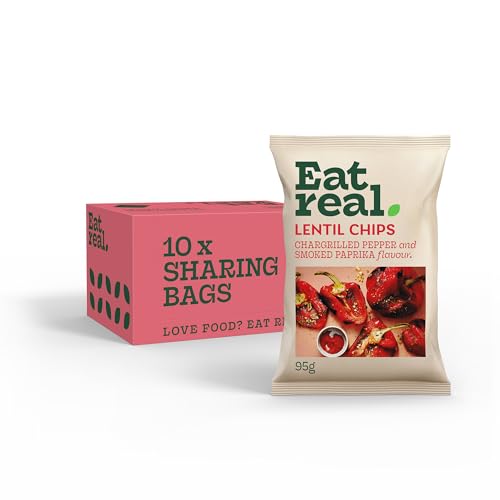 Image of Eat Real, Lentil Chips, Chargrilled Red Pepper, 10 X 95g, Crisps Snacks
