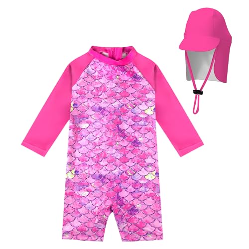 weVSwe Maillot de Bain UV avec Chapeau de Soleil UPF 50 Une Pièce à Fermeture éclair pour Enfants Maillot de Bain à Manches Longues à Séchage Rapide Filles Motif écailles de Poisson Rose 18-24 Mois