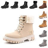 Stiefeletten Winterstiefel Damen Winterschuhe Winter Boots Gefüttert Winter Schuhe Frauen Warm Stiefel Elegant Plateau Flache Kurzschaft Schnürstiefel 1 Beige Größe 38