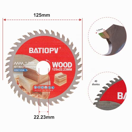 Miniatura 7 de Batiopv 2 Piezas Hoja De Sierra Circular 125 X 22,23 Mm 40 Dientes Disco De Corte Tct Para Madera, Contrachapado, Laminado, Plástico Y Paneles De Yeso