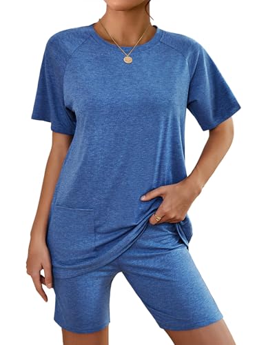 Image of Ekouaer Women 2 Piece Lounge Set Crewneck Tshirt Biker Short Summer Outfit | Summer Loungewear, Lightweight, Dual Front Pockets, Travel Airport Outfit, 2026 Summer Matching Set, Everyday Casual