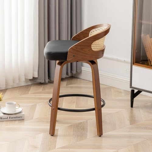 Image of Swivel Rattan Bar Stools Set of 2 with Back,Black Leather barstool chairs