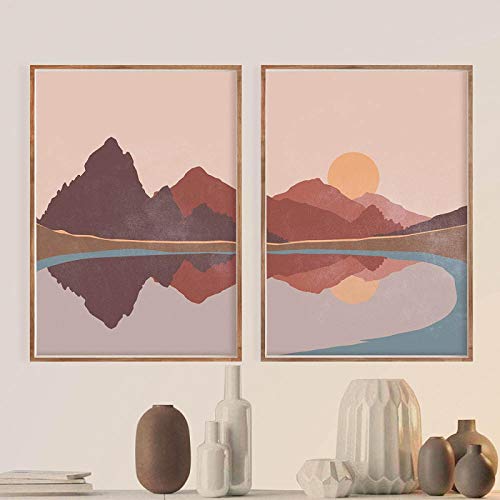 Affiche de paysage abstrait soleil et montagne boho 30x40 cm