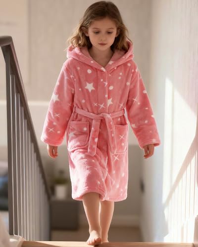 Image of Girls Fleece Hooded Robes, Warm Printed Bath Robe for Kids Soft Fuzzy Bathrobe for Gifts