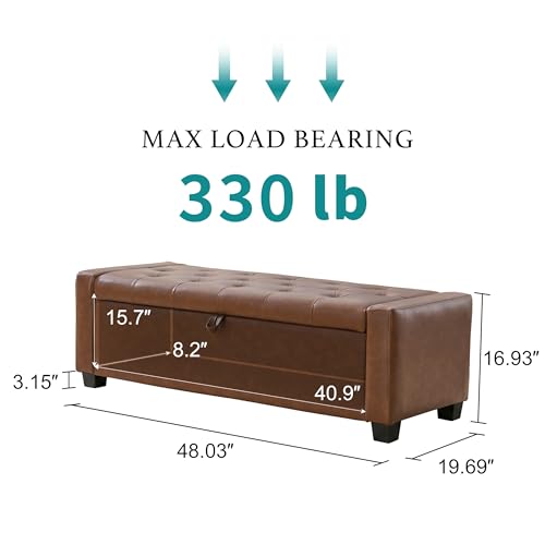 Image of Huatean Home 48 inch Ottoman with Storage, Storage Ottoman Bench with Safety Hinge, Upholstered Entryway Bench with Seating for Bedroom, Living Room, Holds up to 330 lb, Brown