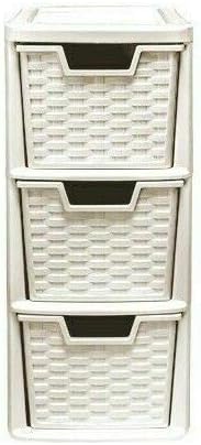 VTL® 3 Drawer Rattan Style Plastic Small Cream Tower Storage Unit for School Home