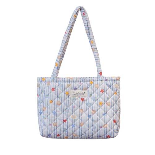 Image of Floral Quilted Cotton Shoulder Bag for Women Daily Use Medium Size Handbag Large Capacity Thickened Design Tote