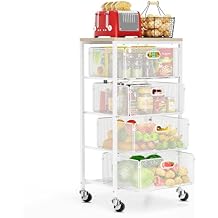 Goovilla Kitchen Cart with Drawers, 4 Tier Metal Rolling Utility Cart Organizer on Lockable Wheels with Wooden Top, White Fruit Vegetable Storage Rack Also for Cans, Snack, Craft, Art, Office, Beauty
