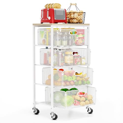 Goovilla Kitchen Cart with Drawers, 4 Tier Metal Rolling Utility Cart Organizer on Lockable Wheels with Wooden Top, White Fruit Vegetable Storage Rack Also for Cans, Snack, Craft, Art, Office, Beauty by Goovilla - Used condition - CA$53.93