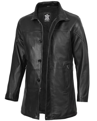 Image of fjackets Men's Lambskin Leather Car Coat - Stylish Long 3 /4 Casual Leather Jacket Men Outerwear