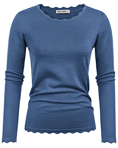 GRACE KARIN Ladies Lightweight Sweater Jumper Long Tunic Blouses Slim Fit Casual Sweatshirt for Women UK Winter Shirt M Size 12 Grey Blue