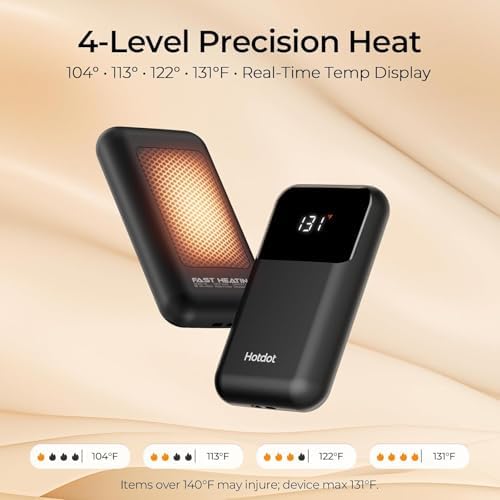Hotdot Hand Warmers Rechargeable 2 Pack, 4 Heat Levels (104–131°F), Real-Time Temp & Battery Display, Electric Hand Warmers, Fast Heating, Fits in Gloves/Pocket, Gifts for Women & Men - View 5