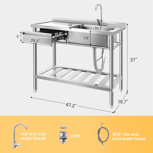 Toemics Stainless Steel Utility Sink, 47.2\'\' Free Standing Single Bowl Kitchen Sink with Left Drawer, Cold and Hot Water Pipe, Indoor and Outdoor for Laundry Room Farmhouse Kitchen(47.2 inch) - Thumbnail 3