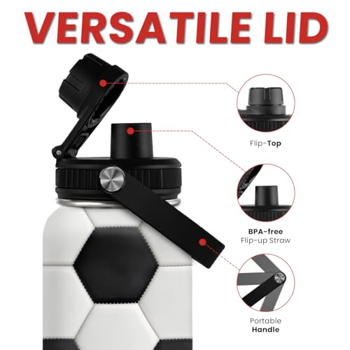 Image of SANDJEST Soccer Water Bottle with Lid - 32oz Insulated Stainless Steel Sport Bottles - Men Soccer Player Fan Coach