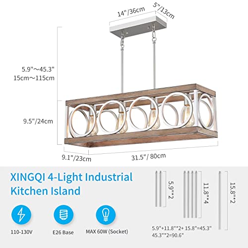 Xingqi Farmhouse Dining Room Chandeliers, Rectangle Vintage Hanging Lighting Fixtures, 4-Light Kitchen Island Lighting, Rustic Metal Chandelier Pendant Light, Antique Wood Grain + Brushed Nickel #TOP2