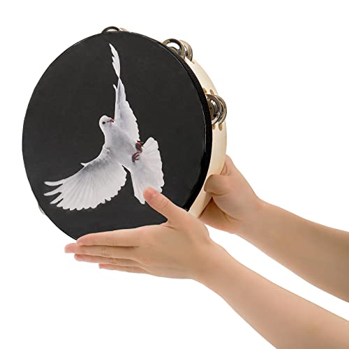 Elsjoy Set of 2 Tambourine, 10" and 8" Dove Church Tambourine with Double Row Jingle, Wooden Handbell Hand Clap Drum Percussion Instrument for Church, Black - Thumbnail 5