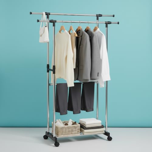 Arara de Roupas Dupla com Rodízios 2 Níveis Cabideiro Móvel Premium Resistente e Ajustável